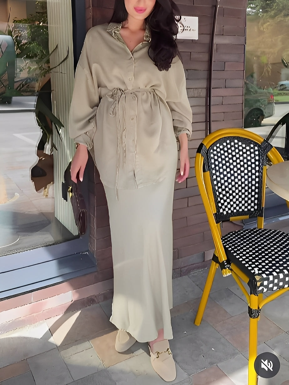 Elegant Long-Sleeved Tie-Drawstring Shirt and Skirt Set - Casual & Chic for Everyday & Vacation