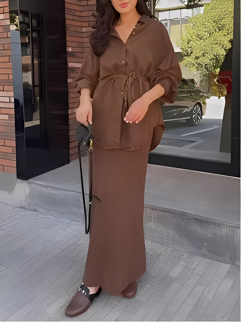 Elegant Long-Sleeved Tie-Drawstring Shirt and Skirt Set - Casual & Chic for Everyday & Vacation