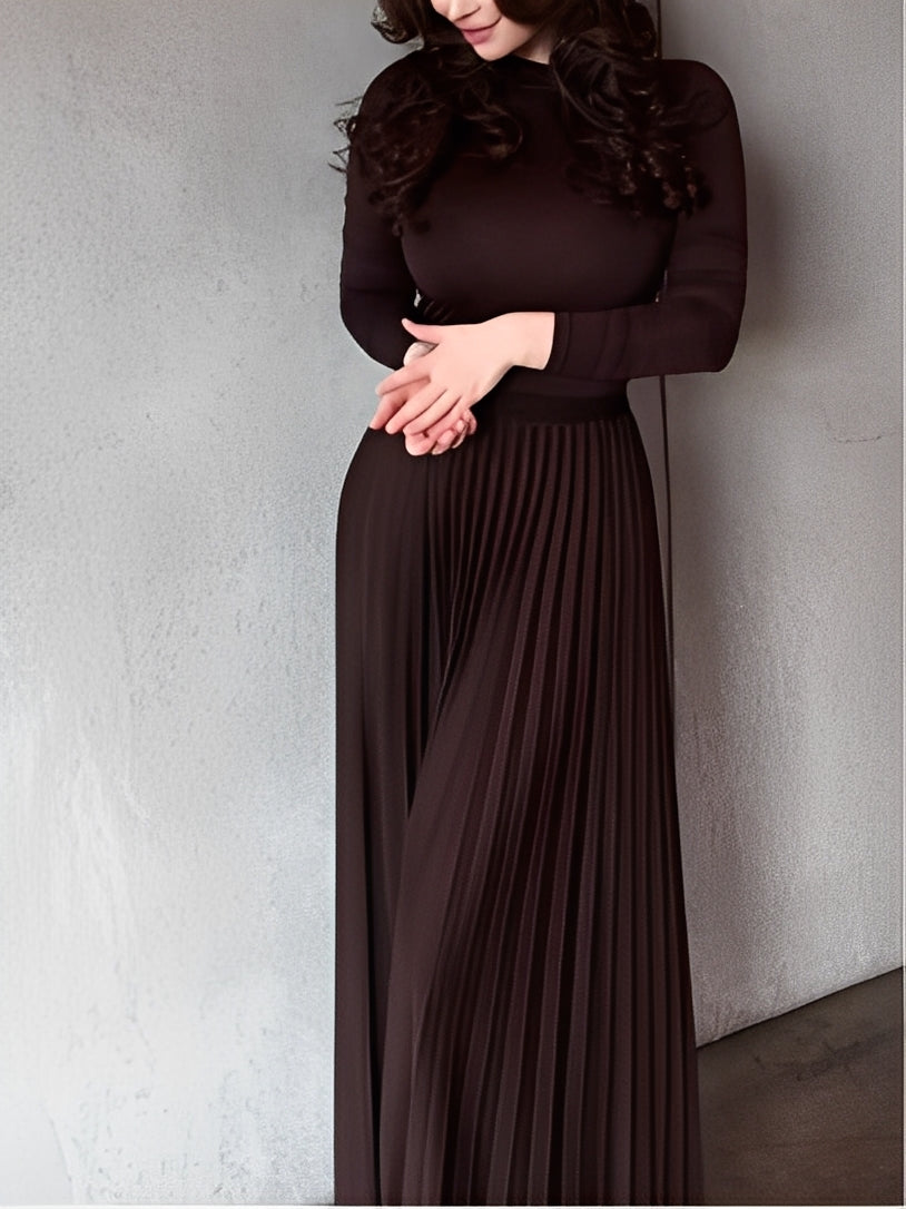 Elegant Brown Long-Sleeved Top and Pleated Skirt Co-ord Set for Women
