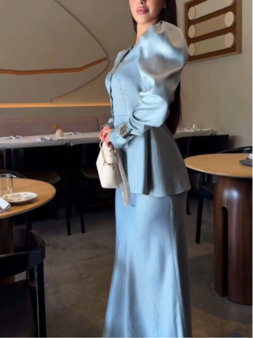 Women's Round Neck Button Puff Sleeve Skirt Suit - Elegant & Versatile Fashion Set
