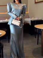 Women's Round Neck Button Puff Sleeve Skirt Suit - Elegant & Versatile Fashion Set