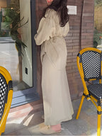 Elegant Long-Sleeved Tie-Drawstring Shirt and Skirt Set - Casual & Chic for Everyday & Vacation