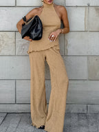 Elegant Halter Neck Pleated Textured Set with Matching Long Pants